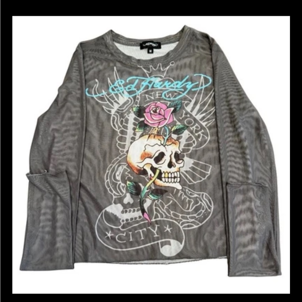 Vintage Ed Hardy Mesh Sheer Long Sleeve Top Skull Rose Tattoo Graphic Women’s M - Picture 2 of 10